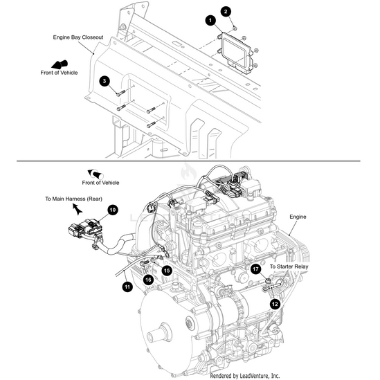 Black and white diagram showing labeled engine parts and wiring, featuring the Flashed ECU Mpe957 Evap On-Kit (For Carb Models Only) by Arctic Cat, with the engine bay closeout panel (top) and side view wiring to OEM parts (bottom).