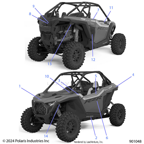 An Image of a Genuine Polaris Parts Schematic Diagram showing the schematic - BODY: DECALS - 2025 POLARIS RZR PRO XP ULTIMATE
