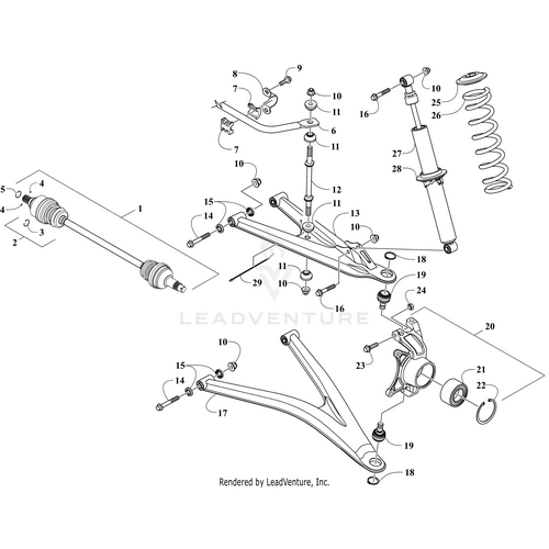 Exploded diagram of a vehicle suspension system with labeled parts, including control arms, shock absorber, coil spring, axle, bushings, nuts, and bolts. Features Arctic Cat Suspension Spring - Black for dual rate spring replacement; springs sold as pairs. Numbered components.