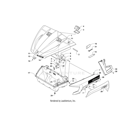 Exploded diagram displaying labeled parts of the Arctic Cat Logo Decal by Arctic Cat, with each OEM decal numbered for identification and showing the assembly order and placement of each component.