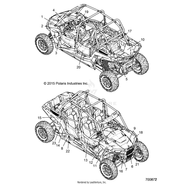 An Image of a Genuine Polaris Parts Schematic Diagram showing the schematic - BODY: DECALS - 2016 POLARIS RZR XP 4 TURBO