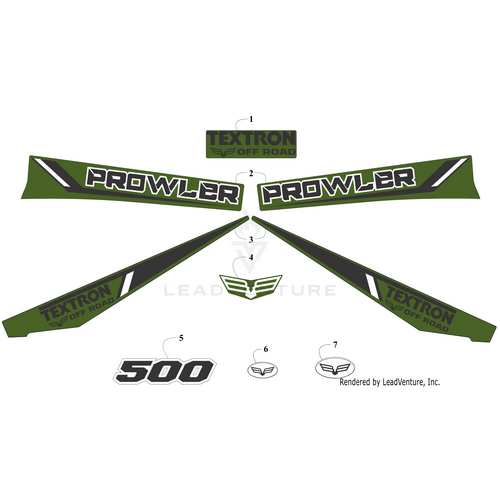 Set of green, black, and white Decal Textron Off Road by Arctic Cat featuring PROWLER, 500 labels, stylized wing logos. Genuine OEM Arctic Cat Part. Ideal for customizing vehicles. Graphics shown on a white background.