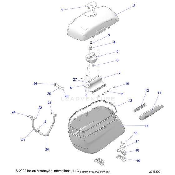 Exploded diagram of the Lid Saddlebag RH Strgr [Storm Gray] by Polaris, showing numbered parts such as the main case, mounting brackets, bolts, and hardware—perfect for identifying Polaris OEM components and accessories.