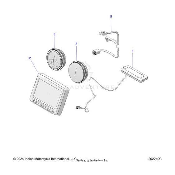 A labeled diagram of motorcycle display parts features Indian Motorcycle OEM circular gauges, a rectangular display, a Harness Usb Dt06 Fmf Hwlc by Polaris cable, and a rectangular connector. Each part is numbered 1 to 5.