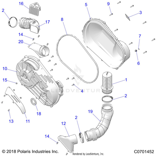 An Image of a Genuine Polaris Parts Schematic Diagram showing the schematic - DRIVE TRAIN: CLUTCH COVER AND DUCTING - 2025 POLARIS RZR 900 TRAIL ULTIMATE