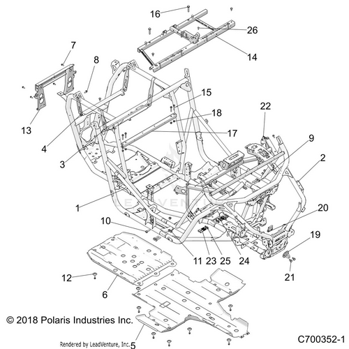 An Image of a Genuine Polaris Parts Schematic Diagram showing the schematic - CHASSIS: MAIN FRAME AND SKID PLATES - 2019 POLARIS RZR XP TURBO S VELOCITY