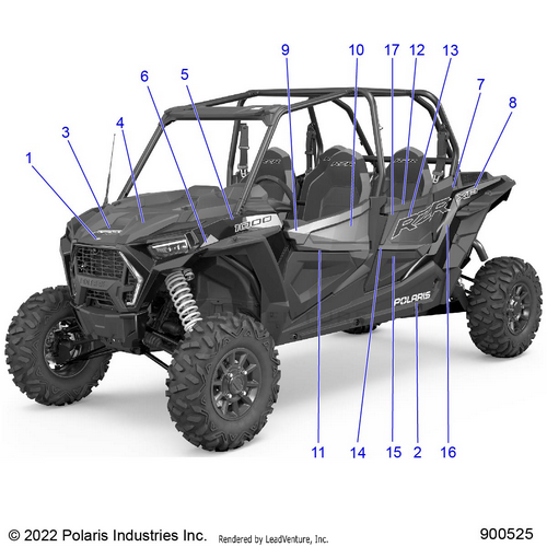 An Image of a Genuine Polaris Parts Schematic Diagram showing the schematic - BODY: DECALS GRAPHICS - 2023 POLARIS RZR XP 4 1000 PREMIUM RIDE COMMAND