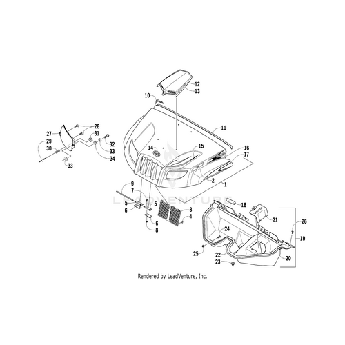 Exploded diagram of the Arctic Cat Hood - Assembly (Inc. 2), showing each part—cover, emblem, air filter, brackets, and hardware—separately numbered for easy identification, similar to standard OEM Arctic Cat part diagrams.