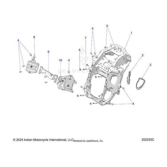 Exploded diagram of a motorcycle frame with numbered parts, bolts, and brackets featuring the Guard Edge LH by Polaris. Includes Indian Motorcycle OEM and Polaris OEM Parts for accurate assembly reference.