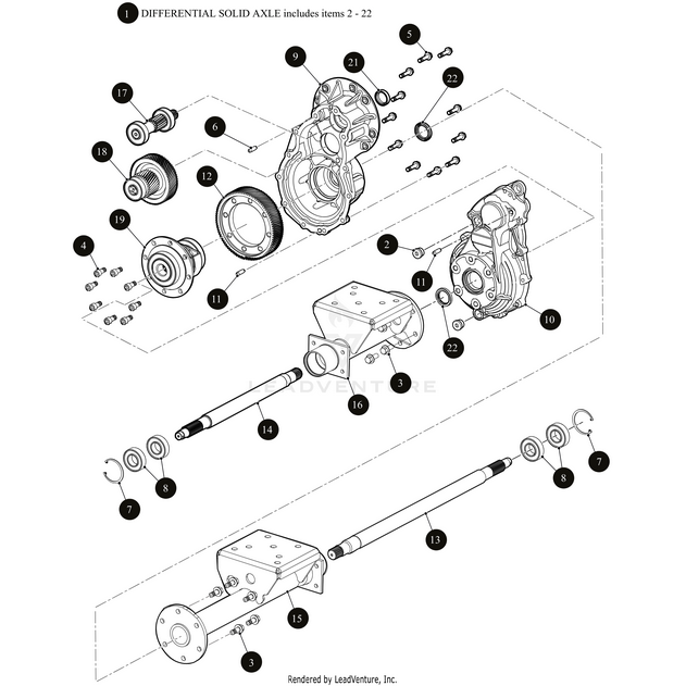 Exploded diagram of Differential Solid Axle Hardened Gears (Inc. 2-22) by Arctic Cat, showing labeled gears, shafts, bearings, bolts, and housings—each part numbered for quick identification.