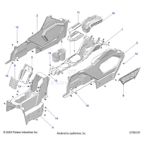 An Image of a Genuine Polaris Parts Schematic Diagram showing the schematic - BODY: CENTER CONSOLE - 2025 POLARIS RZR PRO XP 4 PREMIUM