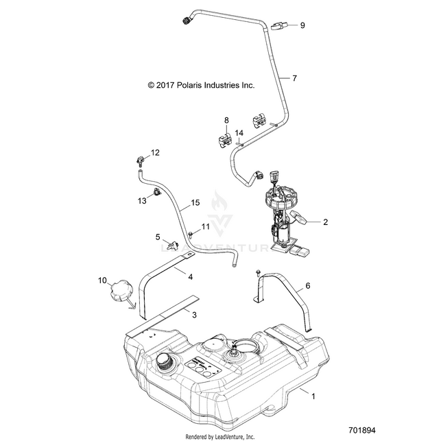 An Image of a Genuine Polaris Parts Schematic Diagram showing the schematic - BODY: FUEL TANK - 2018 POLARIS RZR 570