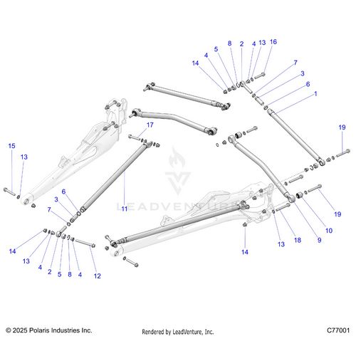 An Image of a Genuine Polaris Parts Schematic Diagram showing the schematic - SUSPENSION: REAR TRAILING ARM MOUNTING - 2025 POLARIS RZR PRO R RACE
