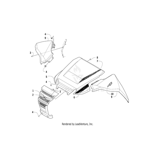 Exploded diagram of a car hood assembly highlighting labeled parts, including the Hood Decal Upper Wc Sso Right by Arctic Cat—shown separated for clarity. Features genuine OEM parts and accessories from Witchdoctors.com.