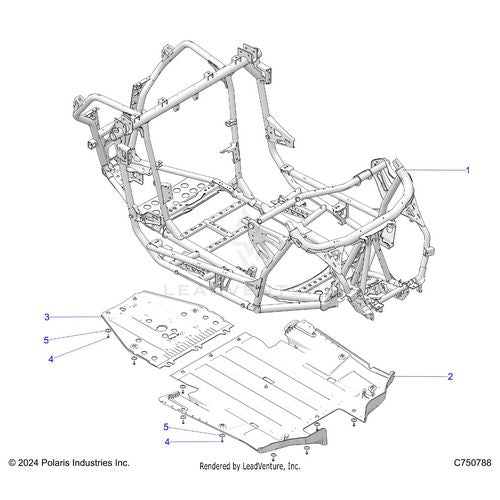 An Image of a Genuine Polaris Parts Schematic Diagram showing the schematic - CHASSIS: MAIN FRAME AND SKID PLATES - 2025 POLARIS RZR PRO XP PREMIUM