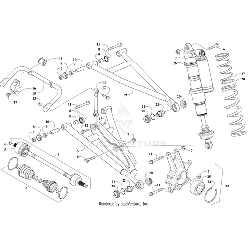 Exploded view diagram of a vehicle’s front lower right A-Arm (Black, Fits 8-10 & 20-22), showing labeled components—ideal for identifying and sourcing OEM Arctic Cat parts.