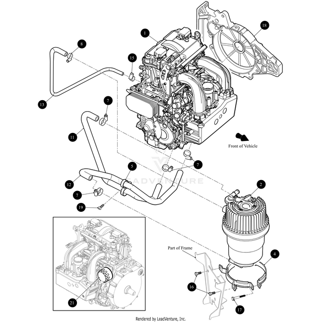 Exploded diagram of a vehicle engine assembly with labeled parts—pipelines, fan, air filter housing, and engine block—plus an inset of the assembled view from another angle using OEM Arctic Cat Casting Stator Cover for accuracy.