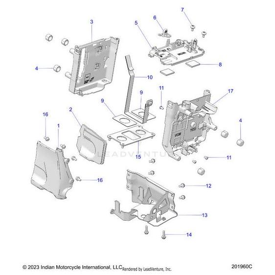 Exploded diagram of motorcycle electrical components, featuring Polaris OEM Parts such as plates, screws, brackets, connectors, and the Strap Battery by Polaris—all labeled with reference numbers for quick assembly or identification.