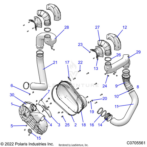 An Image of a Genuine Polaris Parts Schematic Diagram showing the schematic - DRIVE TRAIN: CLUTCH COVER AND DUCTING - 2022 POLARIS RZR XP 4 1000 HIGH LIFTER