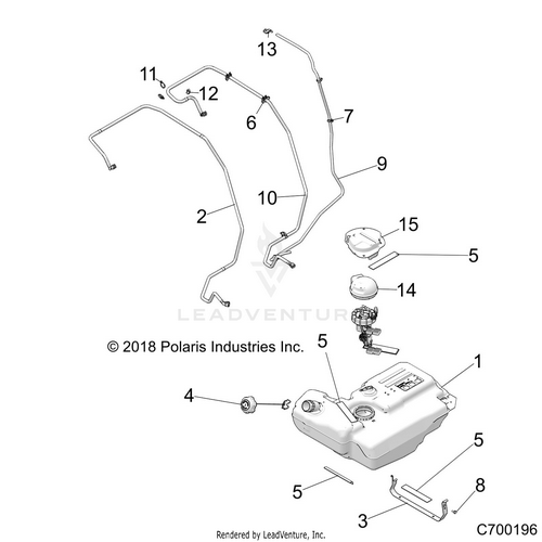 An Image of a Genuine Polaris Parts Schematic Diagram showing the schematic - BODY: FUEL TANK - 2018 POLARIS RZR XP TURBO S