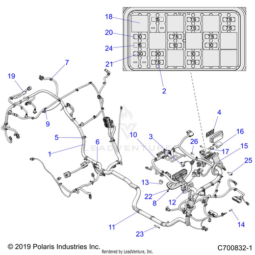 An Image of a Genuine Polaris Parts Schematic Diagram showing the schematic - ELECTRICAL: WIRE HARNESS - 2020 POLARIS RZR TURBO S