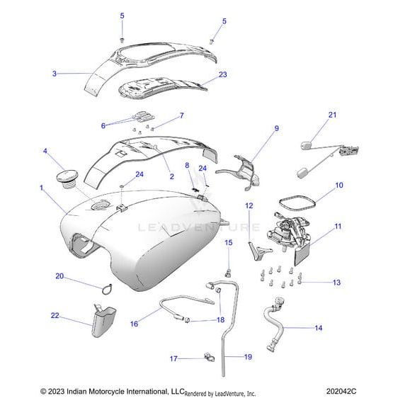 Exploded diagram of the Filter Fuel | [Fuel Filter Only] by Polaris for Indian Motorcycles, showing the fuel filter and numbered OEM parts like tank, cap, lines, and mounting hardware separated for clarity.