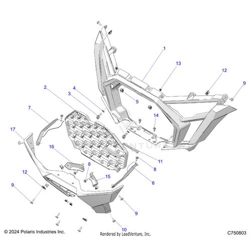 An Image of a Genuine Polaris Parts Schematic Diagram showing the schematic - BODY: FRONT BUMPER - 2025 POLARIS RZR PRO R 4 FACTORY ARMORED LE ULTIMATE
