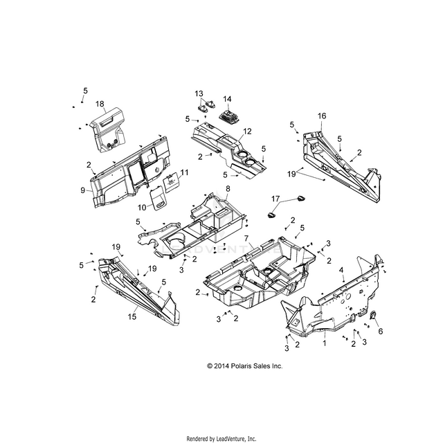 An Image of a Genuine Polaris Parts Schematic Diagram showing the schematic - BODY: FLOOR and ROCKER PANELS - 2015 POLARIS RZR S 900