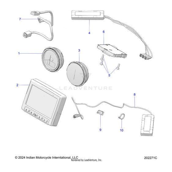 Technical diagram showing labeled parts of the Tcu Programmed 500G1 V1.1 Global | [Intl] by Polaris, including screen, control buttons, wiring cables, mounting hardware, and numbered circular components.