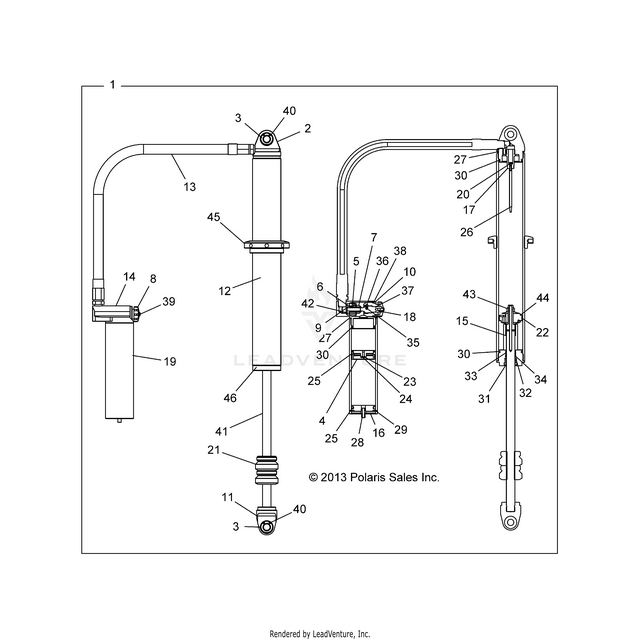 An Image of a Genuine Polaris Parts Schematic Diagram showing the schematic - SUSPENSION: REAR SHOCK - 2015 POLARIS RZR XP 1000