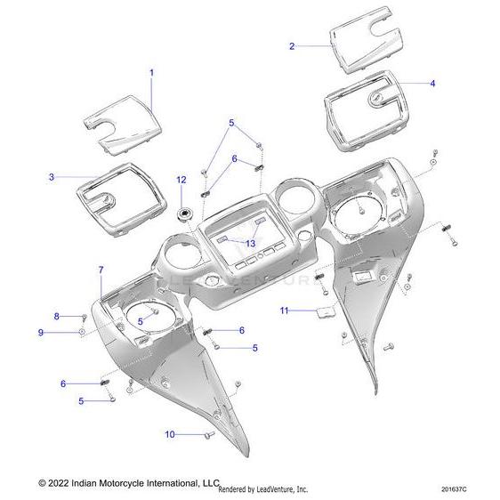 Exploded diagram of a motorcycle dashboard panel showing various parts, including the Bezel Speaker RH Sunset Red [Sunset Red Metallic] by Polaris, with each part labeled by number for assembly or identification.