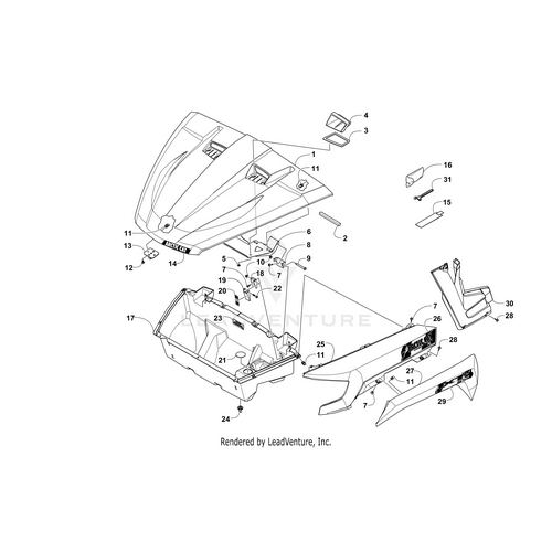 Exploded diagram of a vehicle front body assembly, highlighting numbered parts such as the Inner Front Decal - Side - Left by Arctic Cat, showing how OEM components like panels and brackets fit together.
