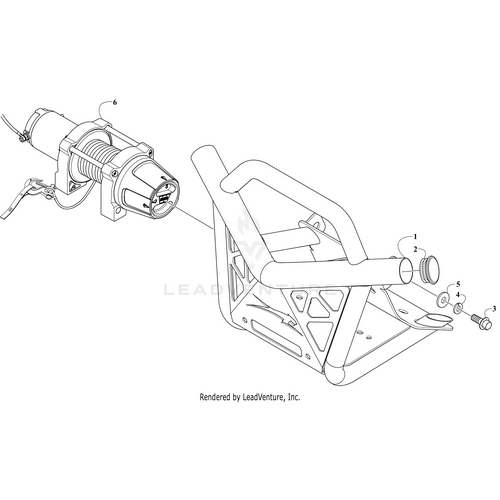 Exploded view line drawing of the Winch Bumper by Arctic Cat, showing metal bumper with mounting brackets, bolts, washers, and screws separately for installation using OEM Arctic Cat parts.