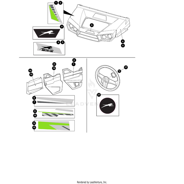 Diagram illustrating labeled decals and parts for an Arctic Cat vehicle, including hood graphics, side panel stickers, steering wheel emblem, OEM Arctic Cat items, and the Front Door Decal (Passenger Side) by Arctic Cat with detailed part numbers.