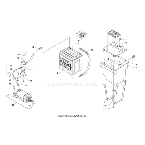 Exploded diagram showing components of an Arctic Cat UTV electric motor system, including battery assembly, motor, wiring, Battery Cable Chassis (6Awg) by Arctic Cat, brackets, and connectors labeled with numbers for easy identification.