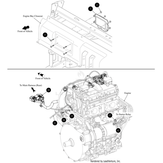 Technical diagram with two labeled views: the top shows the engine bay closeout panel and mounting hardware; the bottom details engine wiring, relays, harnesses, component callouts, and includes a Flashed ECU Mpe957 My18-Kit by Arctic Cat.