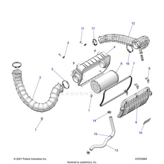 An Image of a Genuine Polaris Parts Schematic Diagram showing the schematic - ENGINE: AIR INTAKE SYSTEM - 2025 POLARIS RZR XP 1000 ULTIMATE