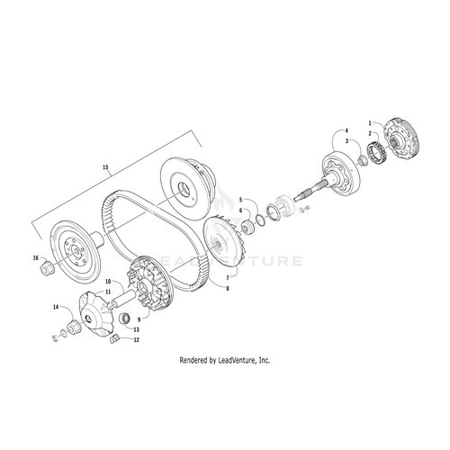 Exploded view diagram of a mechanical belt drive system with numbered pulleys, gears, bolts, and washers—perfect for identifying OEM Arctic Cat parts such as the Face Fixed Drive by Arctic Cat.