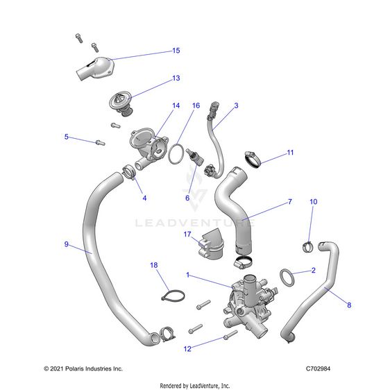 An Image of a Genuine Polaris Parts Schematic Diagram showing the schematic - ENGINE: WATERPUMP AND BYPASS - 2023 POLARIS RZR TURBO R PREMIUM