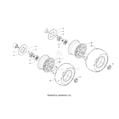 Exploded diagram of the Rear Wheel - (Inc. 8) by Arctic Cat, showing labeled rims, tires, lug nuts, bolts, washers, hubs, and spacers for easy assembly with OEM parts.