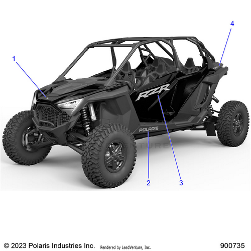 An Image of a Genuine Polaris Parts Schematic Diagram showing the schematic - BODY: DECALS - 2024 POLARIS RZR TURBO R 4 SPORT