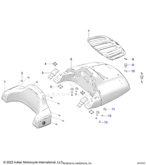 Exploded diagram of the Backrest Upper Trnk Elt My25 by Polaris, showing numbered OEM parts such as the backrest, mounting hardware, bracket, and luggage rack. Each part is individually illustrated and labeled for easy Polaris Factory-Direct reference.