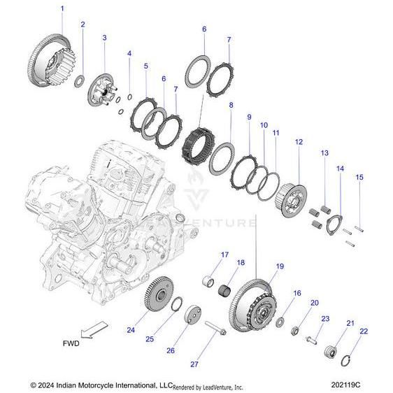 Exploded diagram of the Split Gear Primary [Includes 25] by Polaris, highlighting labeled parts—gears, plates, springs, fasteners—and arrows showing assembly order and component placement in the motorcycle engine clutch assembly.