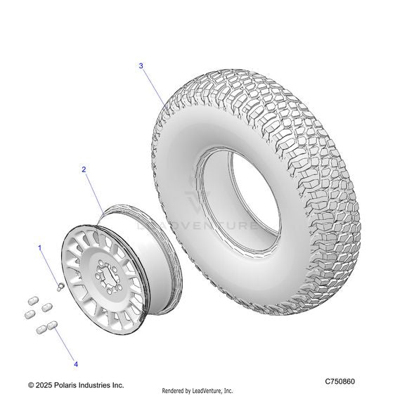 An Image of a Genuine Polaris Parts Schematic Diagram showing the schematic - WHEELS: FRONT/REAR - 2025 POLARIS RZR PRO R RACE