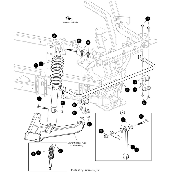 Diagram of a vehicle suspension assembly featuring numbered parts such as the Rear Shock by Arctic Cat, lower control arm, brackets, bolts, bushings, and an inset detail showing the sway bar end link.