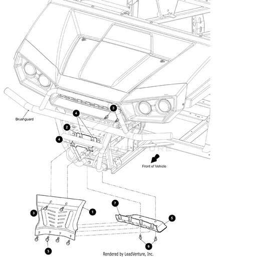 Line drawing of a vehicle’s front with labeled parts, including the Frame Shield Front Lower Black Text by Arctic Cat, bolts, and brushguard; an exploded view below shows how these UTV/ATV OEM Arctic Cat accessories assemble.