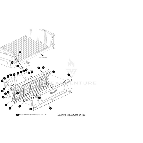 Black and white diagram of a vehicle tailgate pivot assembly with labeled parts, including the open tailgate, cables, internal structure, and the Latch Bracket Mount Right by Arctic Cat; LeadVenture watermark appears at the center.