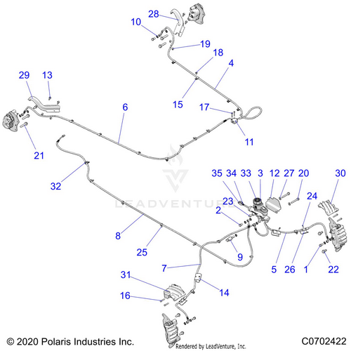 An Image of a Genuine Polaris Parts Schematic Diagram showing the schematic - BRAKES: BRAKE LINES AND MASTER CYLINDER - 2021 POLARIS RZR XP TURBO