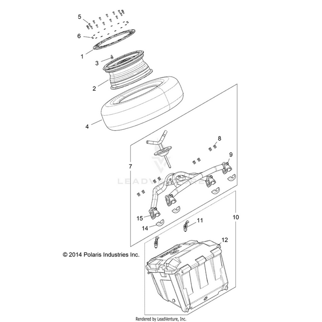 An Image of a Genuine Polaris Parts Schematic Diagram showing the schematic - ACCESSORY: REAR BOX AND TIRE - 2015 POLARIS RZR XP 1000