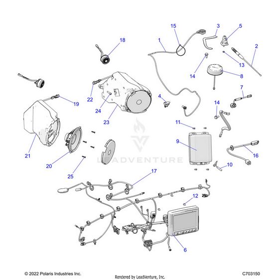 An Image of a Genuine Polaris Parts Schematic Diagram showing the schematic - ELECTRICAL: AUDIO RIDE COMMAND - 2023 POLARIS RZR PRO R RIDE COMMAND